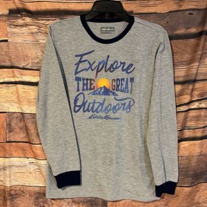 Eddie Bauer Youth Large "Explore Great Outdoors" Long Sleeve Gray T-Shirt Sunset